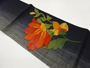 手織り真綿紬花葉模様織出し名古屋帯